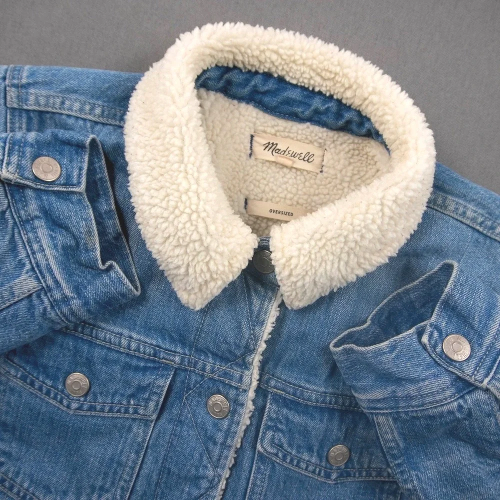 Madewell Western Women Sherpa Lined Denim Jacket Oversized Jean Trucker Coat S - Picture 1 of 11